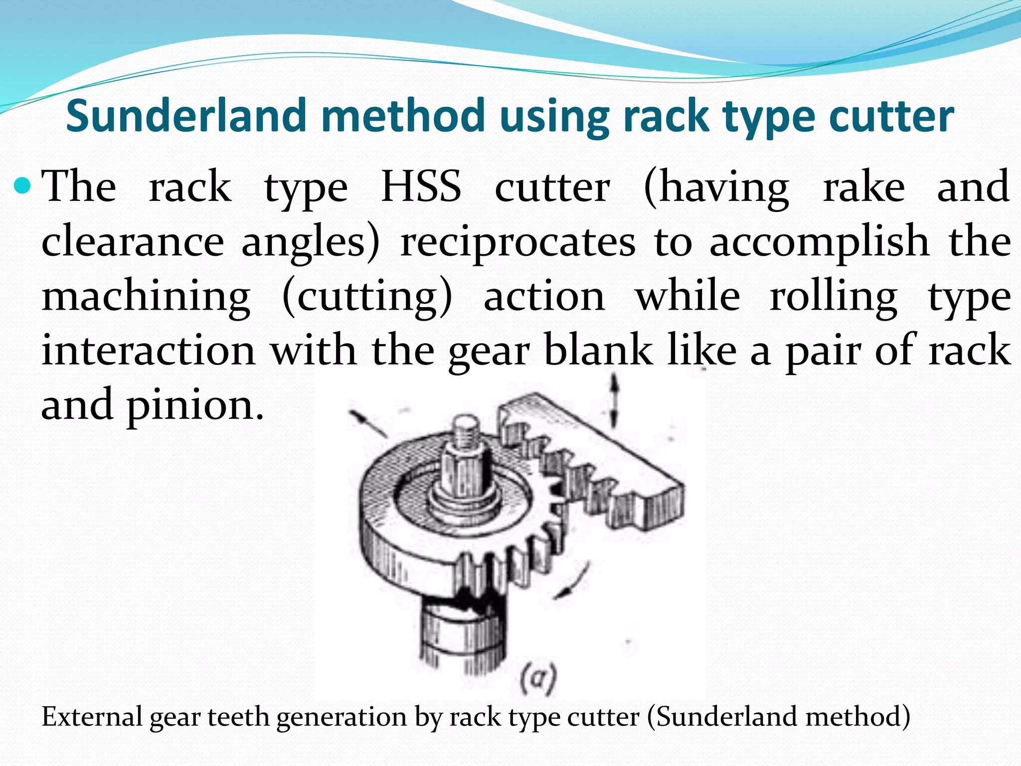 Sunderland method using rack type cutter
 The rack type HSS cutter (having rake and
clearance angles) reciprocates to accomplish the
machining (cutting) action while rolling type
interaction with the gear blank like a pair of rack
and pinion.
External gear teeth generation by rack type cutter (Sunderland method)
 