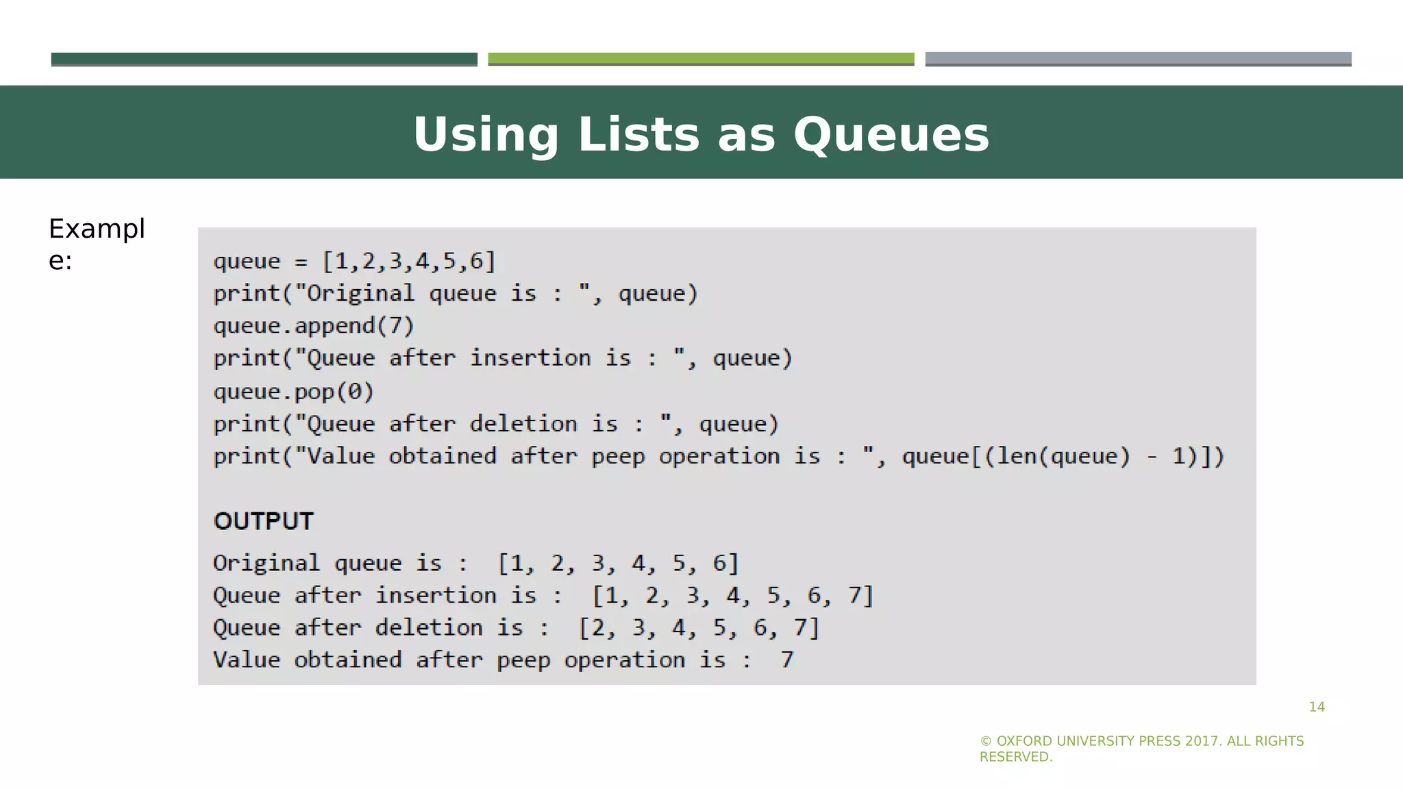 Using Lists as Queues
14
© OXFORD UNIVERSITY PRESS 2017. ALL RIGHTS
RESERVED.
Exampl
e:
 