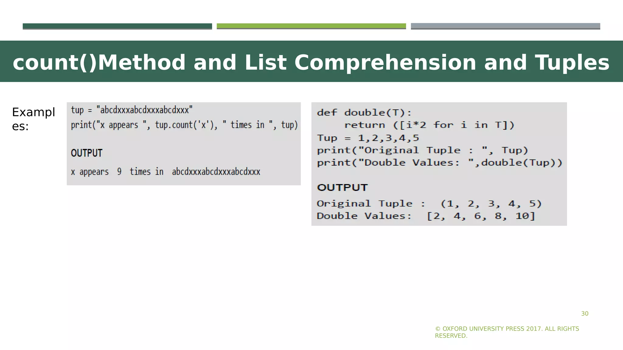 count()Method and List Comprehension and Tuples
30
© OXFORD UNIVERSITY PRESS 2017. ALL RIGHTS
RESERVED.
Exampl
es:
 