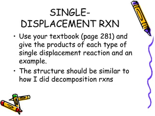 SINGLE-DISPLACEMENT RXN Use your textbook (page 281) and give the products of each type of single displacement reaction and an example.  The structure should be similar to how I did decomposition rxns 