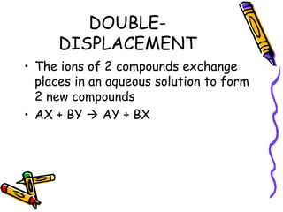 DOUBLE-DISPLACEMENT The ions of 2 compounds exchange places in an aqueous solution to form 2 new compounds AX + BY    AY + BX 