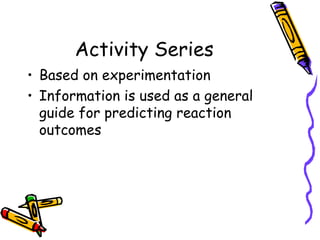 Activity Series Based on experimentation Information is used as a general guide for predicting reaction outcomes 