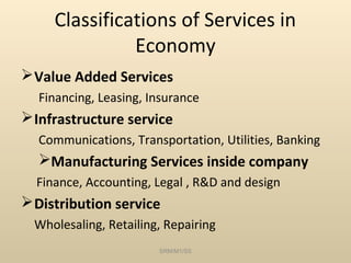 Classifications of Services in
               Economy
 Value Added Services
  Financing, Leasing, Insurance
 Infrastructure service
  Communications, Transportation, Utilities, Banking
  Manufacturing Services inside company
  Finance, Accounting, Legal , R&D and design
 Distribution service
  Wholesaling, Retailing, Repairing
                        SRM/M1/SS
 