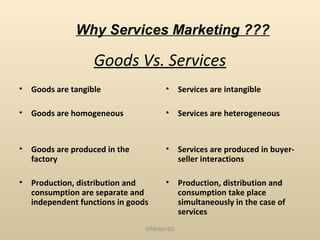 Why Services Marketing ???

                    Goods Vs. Services
•   Goods are tangible                 •     Services are intangible

•   Goods are homogeneous              •     Services are heterogeneous



•   Goods are produced in the          •     Services are produced in buyer-
    factory                                  seller interactions

•   Production, distribution and       •     Production, distribution and
    consumption are separate and             consumption take place
    independent functions in goods           simultaneously in the case of
                                             services
                                 SRM/M1/SS
 