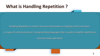 2
What is Handling Repetition ?
Handling Repetition is control structure also known as looping control structure,Handling Repetition is control structure also known as looping control structure,
is a type of control structure in programming languages that is used to simplify repetitive oris a type of control structure in programming languages that is used to simplify repetitive or
recursive tasks operation.recursive tasks operation.
 