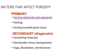 FACTORS THAT AFFECT POROSITY
• Particle sphericity and angularity
• Packing
• Sorting (variable grain sizes)
• Cementing materials
• Overburden stress (compaction)
• Vugs, dissolution, and fractures
PRIMARY
SECONDARY (diagenetic)
 