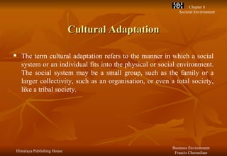 Cultural Adaptation The term cultural adaptation refers to the manner in which a social system or an individual fits into the physical or social environment. The social system may be a small group, such as the family or a larger collectivity, such as an organisation, or even a total society, like a tribal society. 