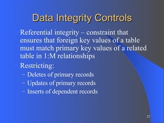 Data Integrity Controls Referential integrity – constraint that ensures that foreign key values of a table must match primary key values of a related table in 1:M relationships Restricting: Deletes of primary records Updates of primary records Inserts of dependent records 