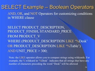 SELECT Example – Boolean Operators AND ,  OR , and  NOT  Operators for customizing conditions in WHERE clause SELECT PRODUCT_DESCRIPTION, PRODUCT_FINISH, STANDARD_PRICE FROM PRODUCT_V WHERE (PRODUCT_DESCRIPTION  LIKE  ‘ % Desk’ OR  PRODUCT_DESCRIPTION  LIKE  ‘ % Table’)  AND  UNIT_PRICE > 300; Note: the  LIKE  operator allows you to compare strings using wildcards. For example, the  %  wildcard in ‘ % Desk’  indicates that all strings that have any number of characters preceding the word “Desk” will be allowed 