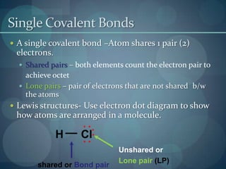 HClUnshared orLone pair (LP)shared or Bond pairSingle Covalent BondsA single covalent bond –Atom shares 1 pair (2) electrons.Shared pairs – both elements count the electron pair to achieve octetLonepairs– pair of electrons that are not shared	 b/w the atomsLewis structures- Use electron dot diagram to show how atoms are arranged in a molecule.. .. .. .