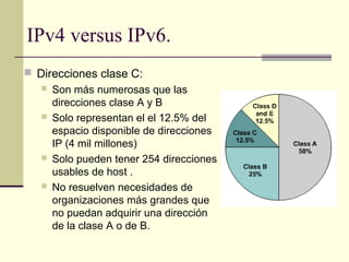 IPv4 versus IPv6.
 Direcciones clase C:
    Son más numerosas que las
     direcciones clase A y B
    Solo representan el el 12.5% del
     espacio disponible de direcciones
     IP (4 mil millones)
    Solo pueden tener 254 direcciones
     usables de host .
    No resuelven necesidades de
     organizaciones más grandes que
     no puedan adquirir una dirección
     de la clase A o de B.
 