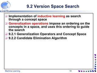 9.2 Version Space Search Implementation of  inductive learning  as search through a concept space  Generalization operations  impose an ordering on the concepts in a space, and uses this ordering to guide the search 9.2.1 Generalization Operators and Concept Space 9.2.2 Candidate Elimination Algorithm 
