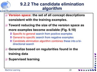 9.2.2 The candidate elimination algorithm Version space : the set of all concept descriptions consistent with the training examples. Toward reducing the size of the version space as more examples become available (Fig. 9.10) Specific to general  search from positive examples General to specific  search from negative examples Candidate elimination algorithm combines  these into a bi-directional search Generalize based on regularities found in the training data Supervised learning 