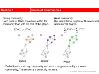 Section 3 Basics of Communities
Strong community:
Each node of C has more links within the
community than with the rest of the graph.
Weak community:
The total internal degree of C exceeds its
total external degree,
Clique Strong Weak
A.-L. Barabási, Network Science: Communities.
Each clique is a strong community and each strong community is a week
community. The converse is generally not true.
 