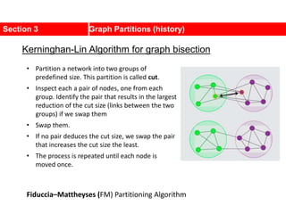 Section 3 Graph Partitions (history)
Kerninghan-Lin Algorithm for graph bisection
• Partition a network into two groups of
predefined size. This partition is called cut.
• Inspect each a pair of nodes, one from each
group. Identify the pair that results in the largest
reduction of the cut size (links between the two
groups) if we swap them
• Swap them.
• If no pair deduces the cut size, we swap the pair
that increases the cut size the least.
• The process is repeated until each node is
moved once.
Fiduccia–Mattheyses (FM) Partitioning Algorithm
 