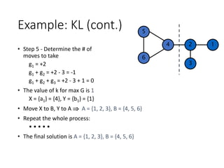 Example: KL (cont.)
• Step 5 - Determine the # of
moves to take
g1 = +2
g1 + g2 = +2 - 3 = -1
g1 + g2 + g3 = +2 - 3 + 1 = 0
• The value of k for max G is 1
X = {a1} = {4}, Y = {b1} = {1}
• Move X to B, Y to A  A = {1, 2, 3}, B = {4, 5, 6}
• Repeat the whole process:
• • • • •
• The final solution is A = {1, 2, 3}, B = {4, 5, 6}
5
6
4 2 1
3
 