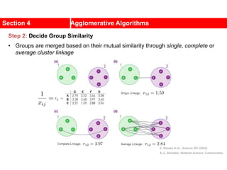 Section 4 Agglomerative Algorithms
E. Ravasz et al., Science 297 (2002).
A.-L. Barabási, Network Science: Communities.
Step 2: Decide Group Similarity
• Groups are merged based on their mutual similarity through single, complete or
average cluster linkage
 