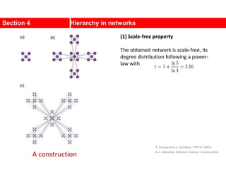 Section 4 Hierarchy in networks
(1) Scale-free property
The obtained network is scale-free, its
degree distribution following a power-
law with
E. Ravasz & A.-L. Barabási, PRE 67 (2003).
A.-L. Barabási, Network Science: Communities.
A construction
 
