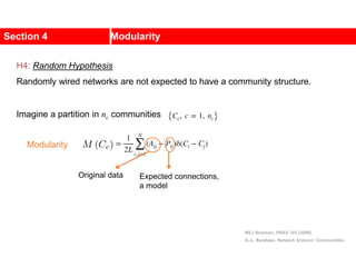 Section 4 Modularity
MEJ Newman, PNAS 103 (2006).
A.-L. Barabási, Network Science: Communities.
Imagine a partition in nc communities
Modularity
Original data Expected connections,
a model
H4: Random Hypothesis
Randomly wired networks are not expected to have a community structure.
 