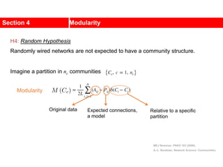Section 4 Modularity
MEJ Newman, PNAS 103 (2006).
A.-L. Barabási, Network Science: Communities.
Imagine a partition in nc communities
Modularity
Original data Expected connections,
a model
Relative to a specific
partition
H4: Random Hypothesis
Randomly wired networks are not expected to have a community structure.
 
