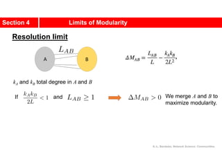 Section 4 Limits of Modularity
A.-L. Barabási, Network Science: Communities.
kA and kB total degree in A and B
If and
A B
We merge A and B to
maximize modularity.
Resolution limit
 
