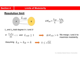 Section 4 Limits of Modularity
A.-L. Barabási, Network Science: Communities.
kA and kB total degree in A and B
If and
Assuming
A B
We merge A and B to
maximize modularity.
Resolution limit
 