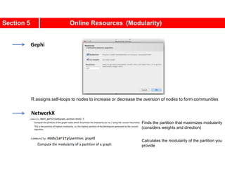 Section 5 Online Resources (Modularity)
Gephi
NetworkX
R assigns self-loops to nodes to increase or decrease the aversion of nodes to form communities
Finds the partition that maximizes modularity
(considers weights and direction)
Calculates the modularity of the partition you
provide
 