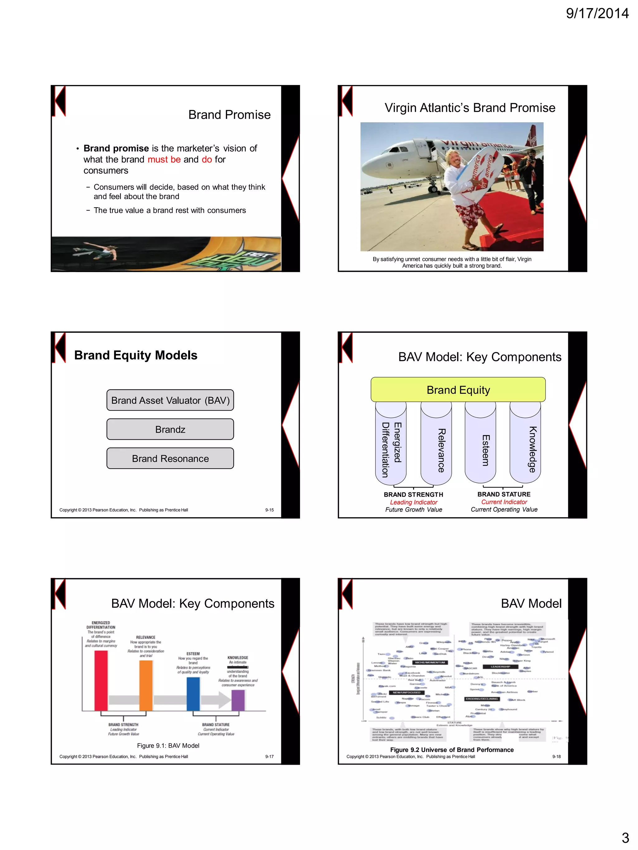 9/17/2014 
3Brand Promise 
•Brand promise is the marketer’s vision of what the brand must beand dofor consumers 
−Consumers will decide, based on what they think and feel about the brand 
−The true value a brand rest with consumers 
Virgin Atlantic’s Brand PromiseBy satisfying unmet consumer needs with a little bit of flair, Virgin America has quickly built a strong brand. Brand Equity ModelsBrand Asset Valuator (BAV) BrandzBrand ResonanceCopyright © 2013 Pearson Education, Inc. Publishing as Prentice Hall 9-15 
Energized 
Differentiation 
Relevance 
Esteem 
Knowledge Brand Equity 
BAV Model: Key Components 
BRAND STRENGTHLeading IndicatorFuture Growth ValueBRAND STATURECurrent IndicatorCurrent Operating ValueFigure 9.1: BAV ModelBAV Model: Key ComponentsCopyright © 2013 Pearson Education, Inc. Publishing as Prentice Hall 9-17Figure 9.2 Universe of Brand Performance 
BAV Model 
Copyright © 2013 Pearson Education, Inc. Publishing as Prentice Hall 9-18  