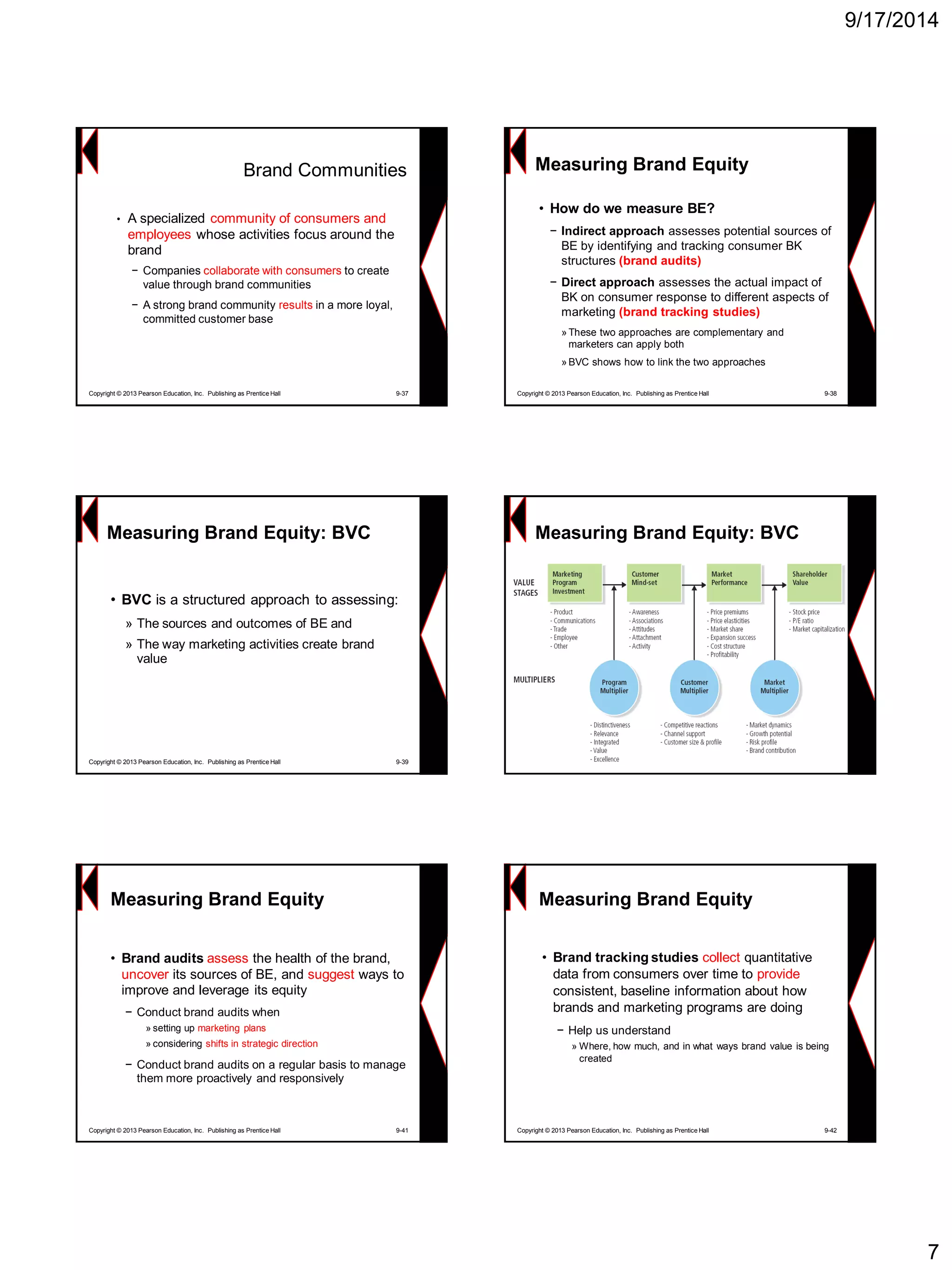 9/17/2014 
7Brand Communities 
•A specialized community of consumers and employees whose activities focus around the brand 
−Companies collaborate with consumers to create value through brand communities 
−A strong brand community resultsin a more loyal, committed customer base 
Copyright © 2013 Pearson Education, Inc. Publishing as Prentice Hall 9-37 
Measuring Brand Equity 
•How do we measure BE? 
−Indirect approach assesses potential sources of BE by identifying and tracking consumer BK structures (brand audits) 
−Direct approach assesses the actual impact of BK on consumer response to different aspects of marketing (brand tracking studies) 
»These two approaches are complementary and marketers can apply both 
»BVC shows how to link the two approaches 
Copyright © 2013 Pearson Education, Inc. Publishing as Prentice Hall 9-38 
•BVCis a structured approach to assessing: 
»The sources and outcomes of BE and 
»The way marketing activities create brand value 
Copyright © 2013 Pearson Education, Inc. Publishing as Prentice Hall 9-39Measuring Brand Equity: BVCMeasuring Brand Equity: BVC 
Measuring Brand Equity 
•Brand audits assessthe health of the brand, uncoverits sources of BE, and suggestways to improve and leverage its equity 
−Conduct brand audits when 
»setting up marketing plans 
»considering shifts in strategic direction 
−Conduct brand audits on a regular basis to manage them more proactively and responsively 
Copyright © 2013 Pearson Education, Inc. Publishing as Prentice Hall 9-41Measuring Brand Equity 
•Brand tracking studies collectquantitative data from consumers over time to provideconsistent, baseline information about how brands and marketing programs are doing 
−Help us understand 
»Where, how much, and in what ways brand value is being created 
Copyright © 2013 Pearson Education, Inc. Publishing as Prentice Hall 9-42  