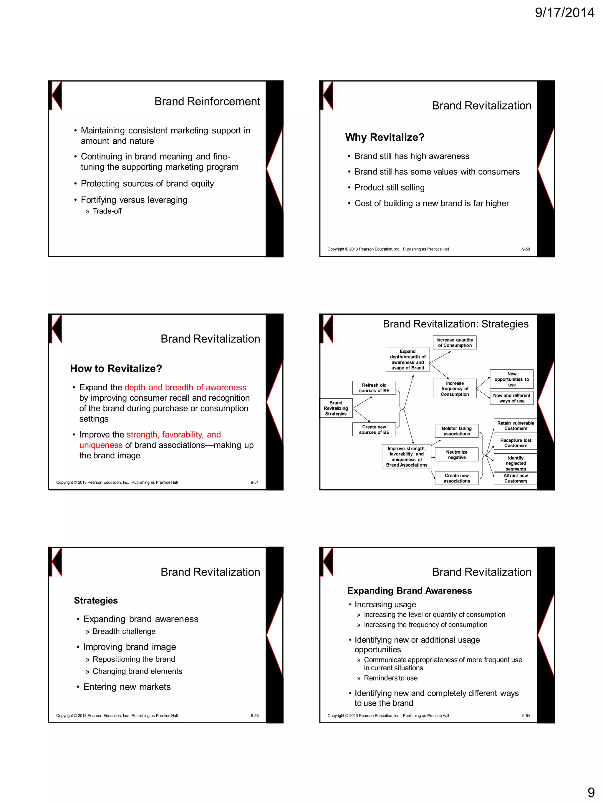 9/17/20149 
Brand Reinforcement 
•Maintaining consistent marketing support in amount and nature 
•Continuing in brand meaning and fine- tuning the supporting marketing program 
•Protecting sources of brand equity 
•Fortifying versus leveraging 
»Trade-off 
Brand Revitalization 
Why Revitalize? 
•Brand still has high awareness 
•Brand still has some values with consumers 
•Product still selling 
•Cost of building a new brand is far higher 
Copyright © 2013 Pearson Education, Inc. Publishing as Prentice Hall 9-50 
Brand Revitalization 
How to Revitalize? 
•Expand the depth and breadth of awareness by improving consumer recall and recognition of the brand during purchase or consumption settings 
•Improve the strength, favorability, and uniqueness of brand associations—making up the brand image 
Copyright © 2013 Pearson Education, Inc. Publishing as Prentice Hall 9-51Brand Revitalization: StrategiesNew and different ways of useNew opportunities to useAttract new Customers 
Identify neglected segmentsRecapture lost Customers 
Retain vulnerable CustomersBrand Revitalizing Strategies 
Create new sources of BERefresh old sources of BE 
Improve strength, favorability, and uniqueness of Brand Associations 
Expand depth/breadth of awareness and usage of BrandIncrease frequency of ConsumptionIncrease quantity of Consumption 
Bolster fading associationsCreate new associations 
Neutralize negative 
Brand Revitalization 
Strategies 
•Expanding brand awareness 
»Breadth challenge 
•Improving brand image 
»Repositioning the brand 
»Changing brand elements 
•Entering new markets 
Copyright © 2013 Pearson Education, Inc. Publishing as Prentice Hall 9-53 
Brand Revitalization 
•Increasing usage 
»Increasing the level or quantity of consumption 
»Increasing the frequency of consumption 
•Identifying new or additional usage opportunities 
»Communicate appropriateness of more frequent use in current situations 
»Reminders to use 
•Identifying new and completely different ways to use the brand 
Copyright © 2013 Pearson Education, Inc. Publishing as Prentice Hall 9-54 
Expanding Brand Awareness  