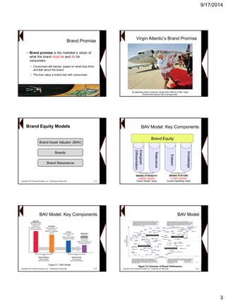 9/17/2014 
3Brand Promise 
•Brand promise is the marketer’s vision of what the brand must beand dofor consumers 
−Consumers will decide, based on what they think and feel about the brand 
−The true value a brand rest with consumers 
Virgin Atlantic’s Brand PromiseBy satisfying unmet consumer needs with a little bit of flair, Virgin America has quickly built a strong brand. Brand Equity ModelsBrand Asset Valuator (BAV) BrandzBrand ResonanceCopyright © 2013 Pearson Education, Inc. Publishing as Prentice Hall 9-15 
Energized 
Differentiation 
Relevance 
Esteem 
Knowledge Brand Equity 
BAV Model: Key Components 
BRAND STRENGTHLeading IndicatorFuture Growth ValueBRAND STATURECurrent IndicatorCurrent Operating ValueFigure 9.1: BAV ModelBAV Model: Key ComponentsCopyright © 2013 Pearson Education, Inc. Publishing as Prentice Hall 9-17Figure 9.2 Universe of Brand Performance 
BAV Model 
Copyright © 2013 Pearson Education, Inc. Publishing as Prentice Hall 9-18  