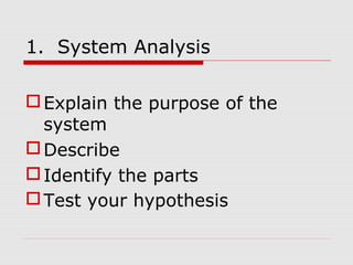 1. System Analysis
Explain the purpose of the
system
Describe
Identify the parts
Test your hypothesis
 