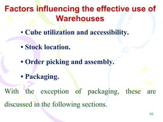 10
Factors influencing the effective use of
Warehouses
• Cube utilization and accessibility.
• Stock location.
• Order picking and assembly.
• Packaging.
With the exception of packaging, these are
discussed in the following sections.
 