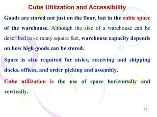 11
Cube Utilization and Accessibility
Goods are stored not just on the floor, but in the cubic space
of the warehouse. Although the size of a warehouse can be
described as so many square feet, warehouse capacity depends
on how high goods can be stored.
Space is also required for aisles, receiving and shipping
docks, offices, and order picking and assembly.
Cube utilization is the use of space horizontally and
vertically.
 