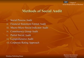 Methods of Social Audit Social Process Audit Financial Statement Format Audit Macro-Micro Social Indicator Audit Constituency Group Audit Partial Social Audit Comprehensive Audit Corporate Rating Approach 