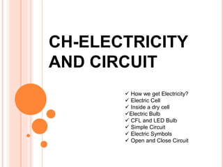 CH-ELECTRICITY
AND CIRCUIT
 How we get Electricity?
 Electric Cell
 Inside a dry cell
Electric Bulb
 CFL and LED Bulb
 Simple Circuit
 Electric Symbols
 Open and Close Circuit
 