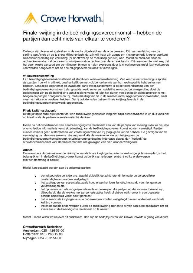 Finale kwijting in de beeindigingsovereenkomst – hebben de partijen dan