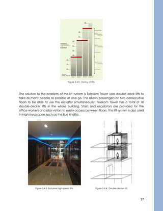 37
Figure 5.4.2 : Zoning of lifts.
The solution to the problem of the lift system is Telekom Tower uses double-deck lifts to
take as many people as possible at one go. This allows passengers on two consecutive
floors to be able to use the elevator simultaneously. Telekom Tower has a total of 18
double-decker lifts in the whole building. Stairs and escalators are provided for the
office workers and also visitors to easily access between floors. This lift system is also used
in high skyscrapers such as the Burj Khalifa.
Figure 5.4.3: Exclusive high-speed lifts. Figure 5.4.4 : Double-decker lift.
 