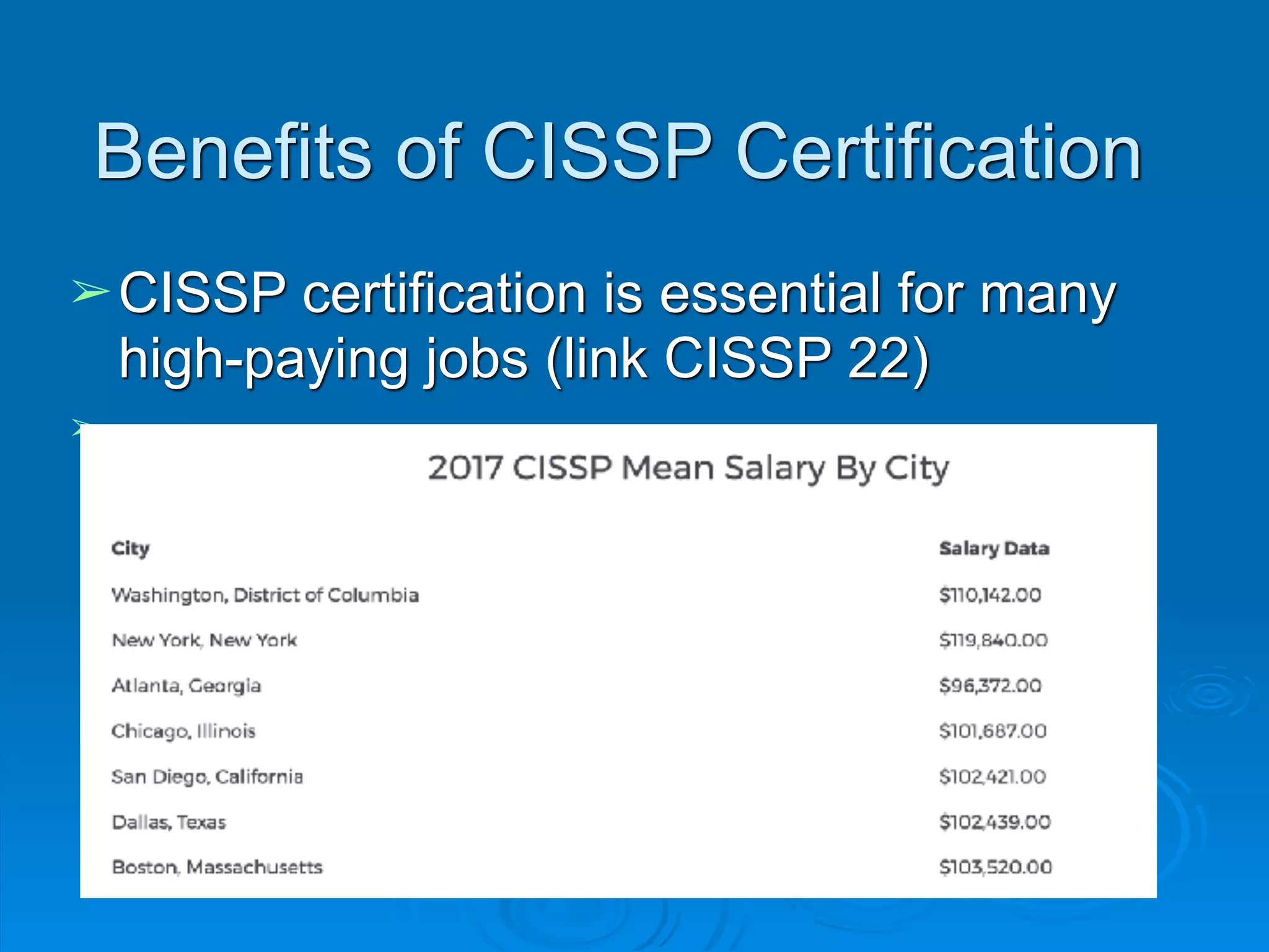Benefits of CISSP Certification
➢CISSP certification is essential for many
high-paying jobs (link CISSP 22)
➢
 