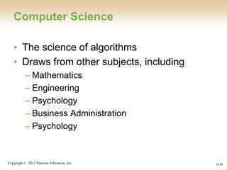 Copyright © 2012 Pearson Education, Inc. 0-14
Computer Science
• The science of algorithms
• Draws from other subjects, including
– Mathematics
– Engineering
– Psychology
– Business Administration
– Psychology
 