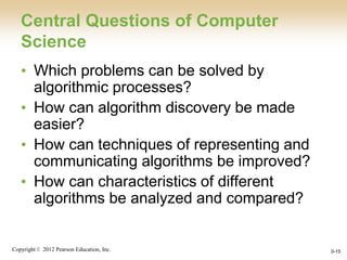 Copyright © 2012 Pearson Education, Inc. 0-15
Central Questions of Computer
Science
• Which problems can be solved by
algorithmic processes?
• How can algorithm discovery be made
easier?
• How can techniques of representing and
communicating algorithms be improved?
• How can characteristics of different
algorithms be analyzed and compared?
 