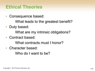 Copyright © 2012 Pearson Education, Inc. 0-22
Ethical Theories
• Consequence based:
What leads to the greatest benefit?
• Duty based:
What are my intrinsic obligations?
• Contract based:
What contracts must I honor?
• Character based:
Who do I want to be?
 