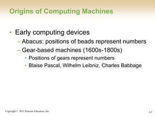 Copyright © 2012 Pearson Education, Inc. 0-7
Origins of Computing Machines
• Early computing devices
– Abacus: positions of beads represent numbers
– Gear-based machines (1600s-1800s)
• Positions of gears represent numbers
• Blaise Pascal, Wilhelm Leibniz, Charles Babbage
 
