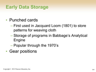 Copyright © 2012 Pearson Education, Inc. 0-9
Early Data Storage
• Punched cards
– First used in Jacquard Loom (1801) to store
patterns for weaving cloth
– Storage of programs in Babbage’s Analytical
Engine
– Popular through the 1970’s
• Gear positions
 