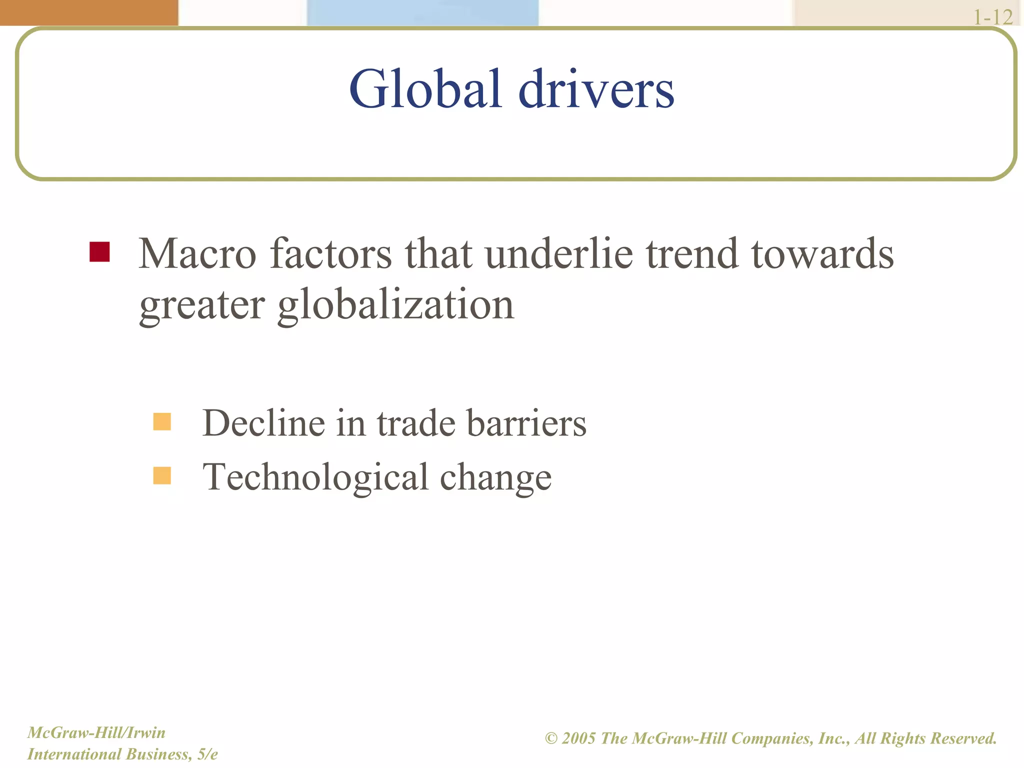 Global drivers Macro factors that underlie trend towards greater globalization Decline in trade barriers Technological change 1- 