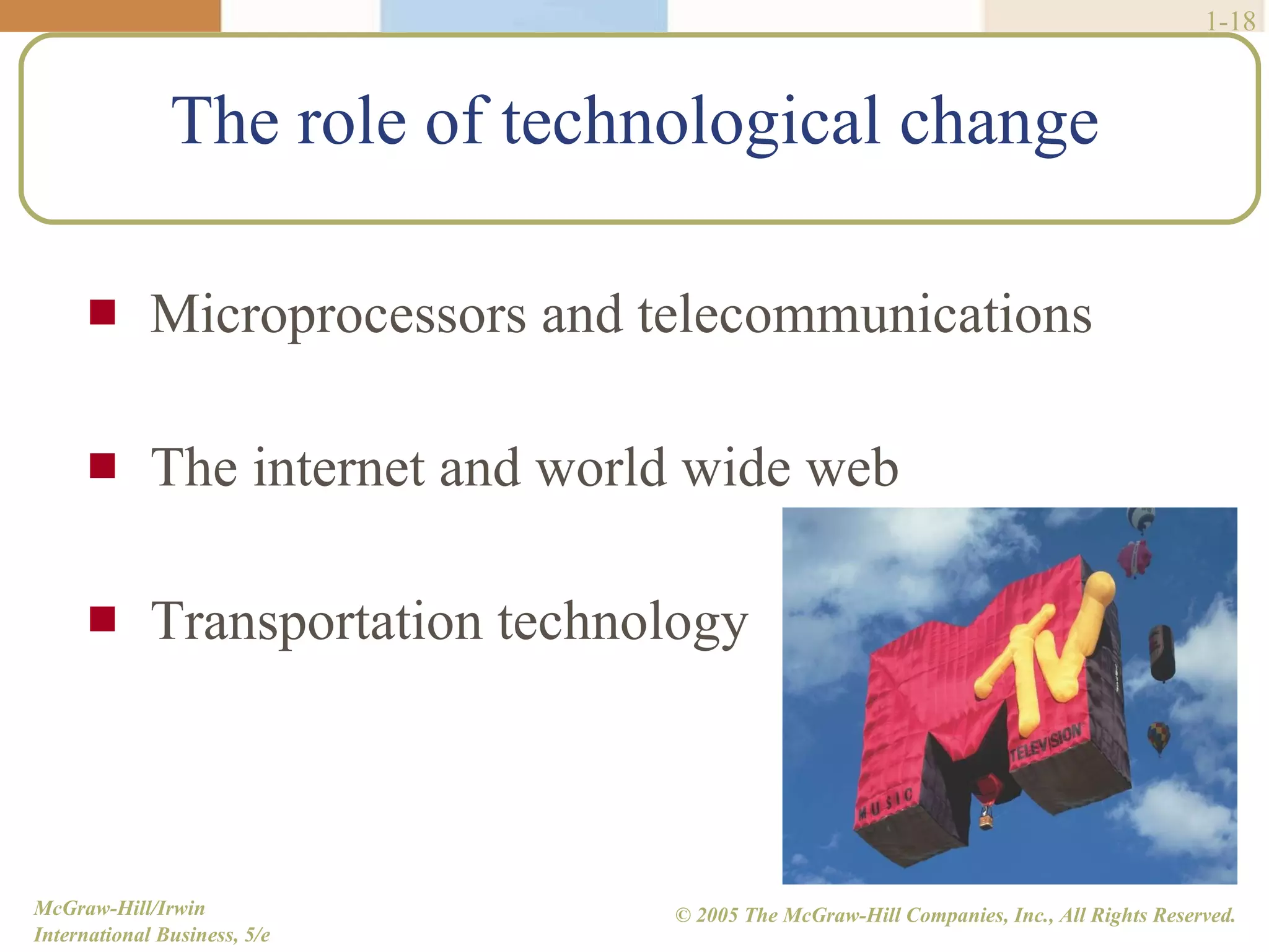 The role of technological change Microprocessors and telecommunications The internet and world wide web Transportation technology 1- 
