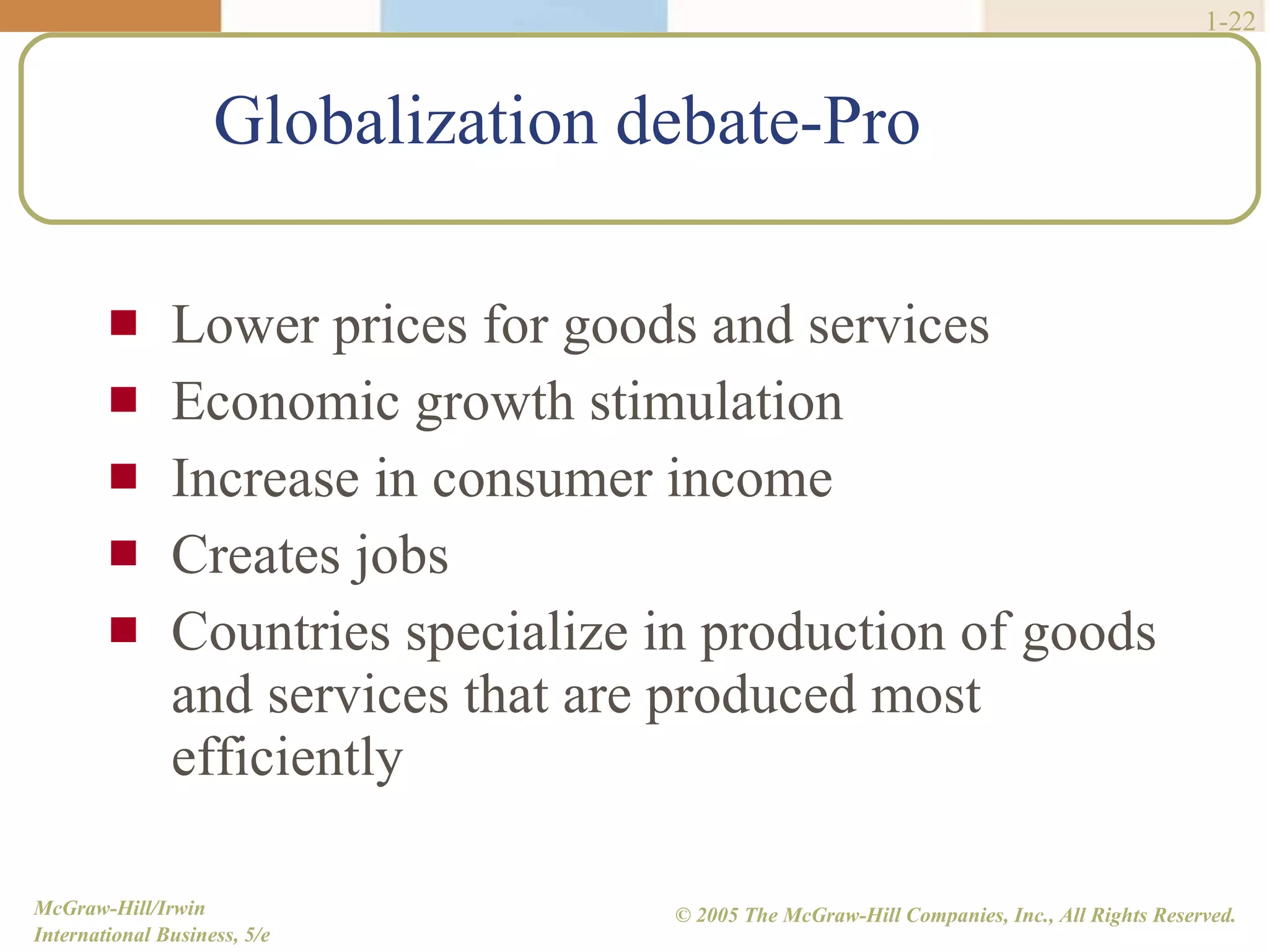 Globalization debate-Pro Lower prices for goods and services Economic growth stimulation Increase in consumer income Creates jobs Countries specialize in production of goods and services that are produced most efficiently 1- 