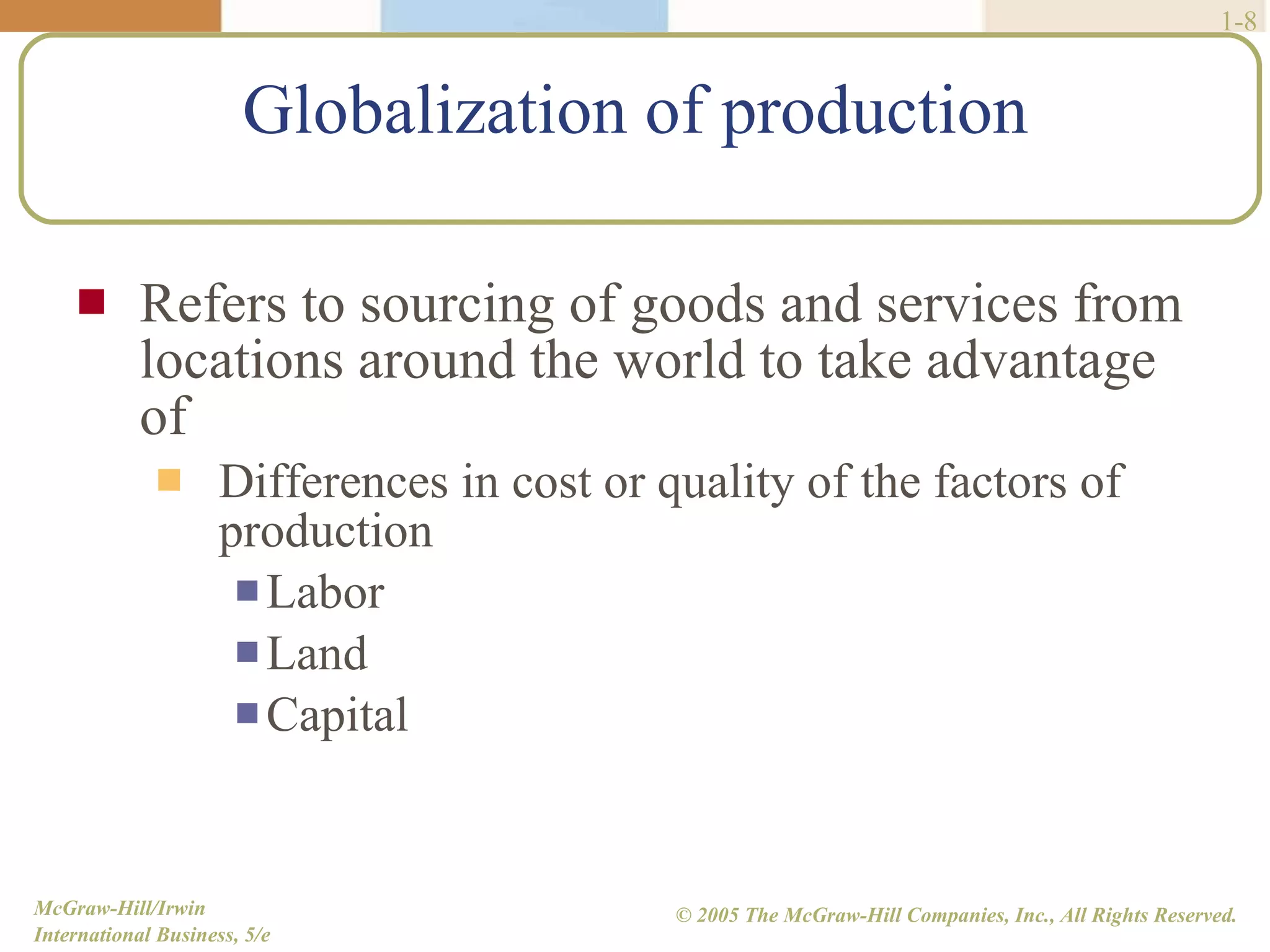 Globalization of production Refers to sourcing of goods and services from locations around the world to take advantage of  Differences in cost or quality of the factors of production Labor Land Capital 1- 