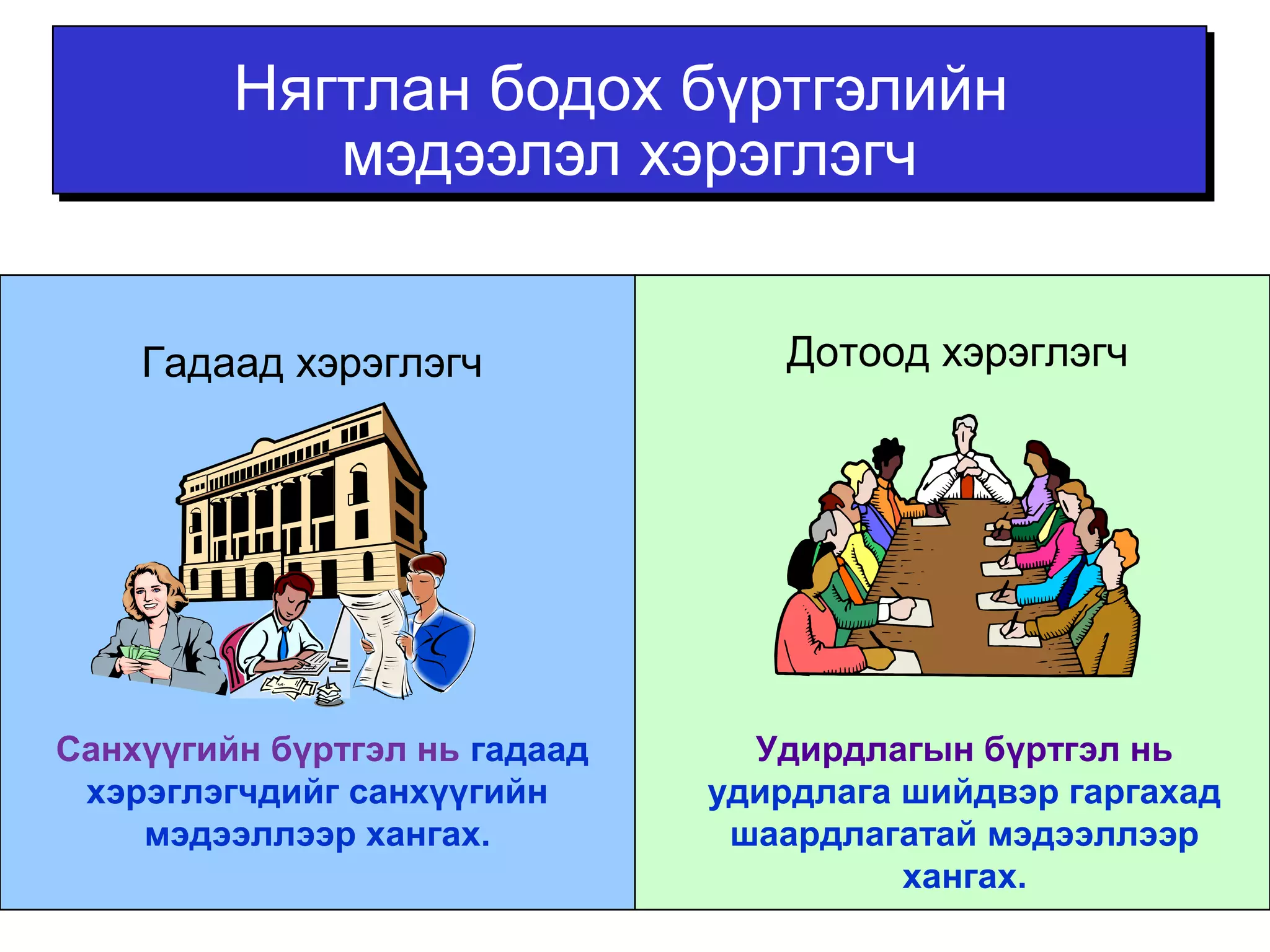 Нягтлан бодох бүртгэлийн 
мэдээлэл хэрэглэгч 
Гадаад хэрэглэгч 
Санхүүгийн бүртгэл нь гадаад 
хэрэглэгчдийг санхүүгийн 
мэдээллээр хангах. 
Дотоод хэрэглэгч 
Удирдлагын бүртгэл нь 
удирдлага шийдвэр гаргахад 
шаардлагатай мэдээллээр 
хангах. 
 