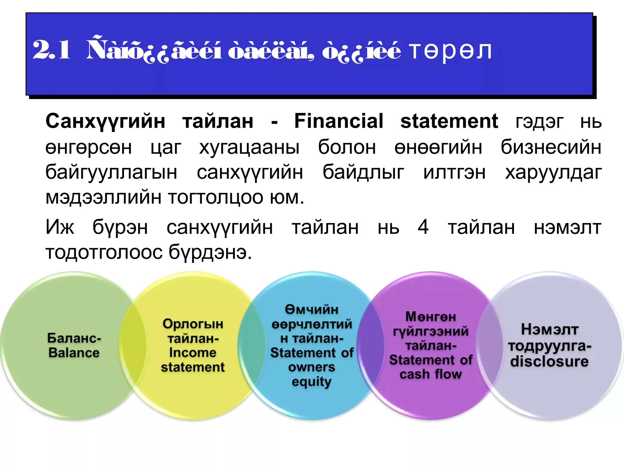 2.1 Ñàíõ¿¿ãèéí òàéëàí, òò¿¿ííèèéé ттөөррөөлл 
Санхүүгийн тайлан - Financial statement гэдэг нь 
өнгөрсөн цаг хугацааны болон өнөөгийн бизнесийн 
байгууллагын санхүүгийн байдлыг илтгэн харуулдаг 
мэдээллийн тогтолцоо юм. 
Иж бүрэн санхүүгийн тайлан нь 4 тайлан нэмэлт 
тодотголоос бүрдэнэ. 
 